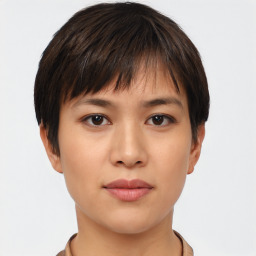 Neutral white young-adult female with short  brown hair and brown eyes