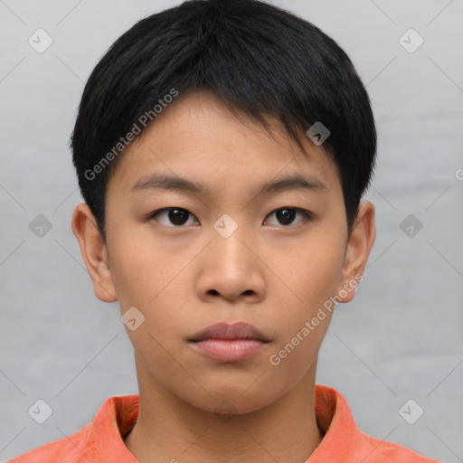 Neutral asian young-adult male with short  black hair and brown eyes