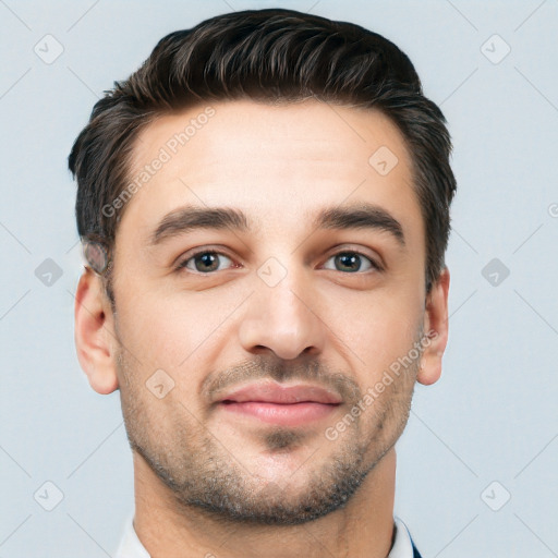 Joyful white young-adult male with short  black hair and brown eyes