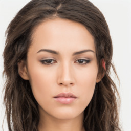 Neutral asian young-adult female with long  brown hair and brown eyes