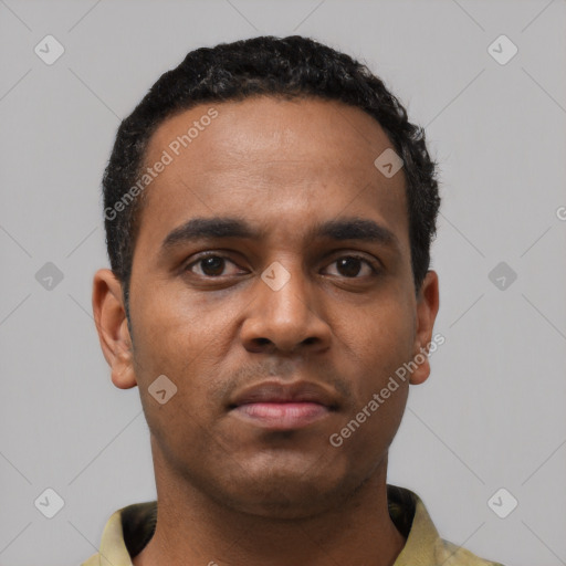Neutral latino young-adult male with short  black hair and brown eyes