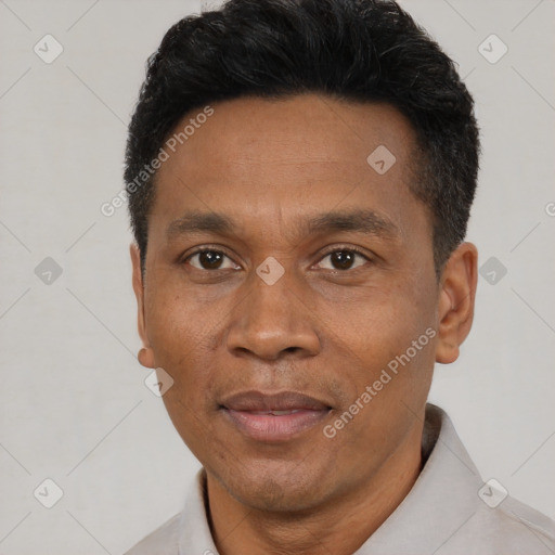 Joyful black adult male with short  black hair and brown eyes