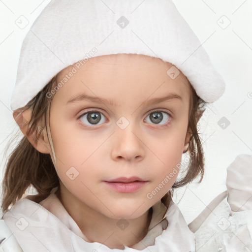 Neutral white child female with medium  brown hair and blue eyes