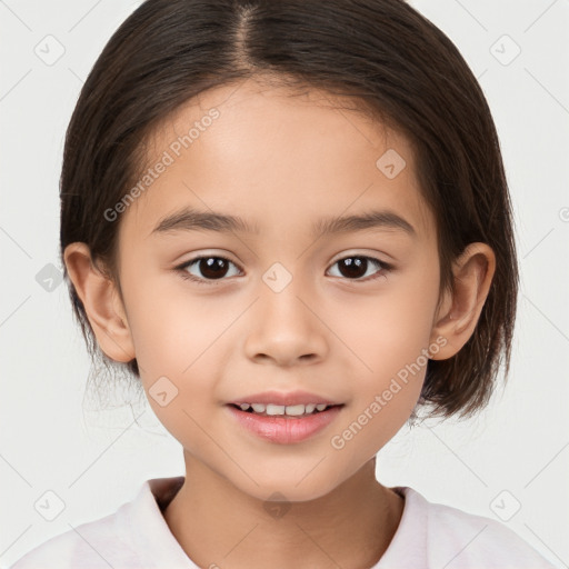 Joyful white child female with medium  brown hair and brown eyes