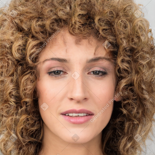 Joyful white young-adult female with medium  brown hair and green eyes