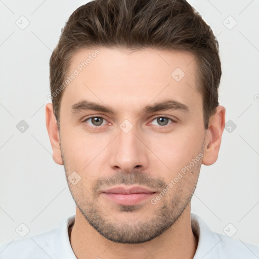 Neutral white young-adult male with short  brown hair and brown eyes