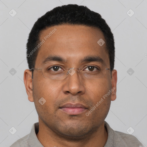 Neutral latino young-adult male with short  brown hair and brown eyes