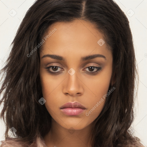 Neutral latino young-adult female with long  brown hair and brown eyes