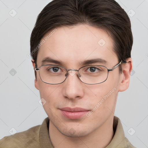 Neutral white young-adult male with short  brown hair and grey eyes