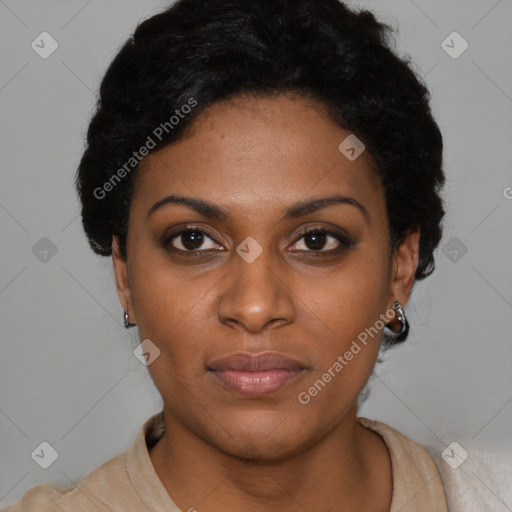 Neutral black young-adult female with short  black hair and brown eyes