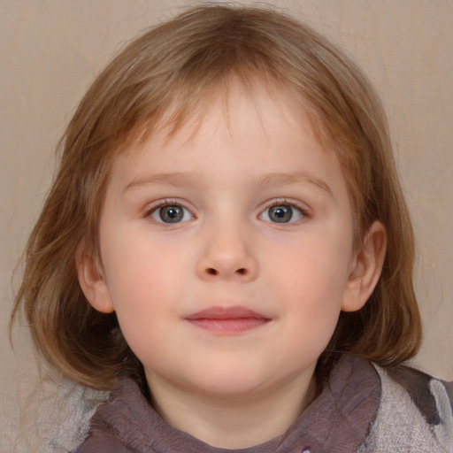 Neutral white child female with medium  brown hair and blue eyes