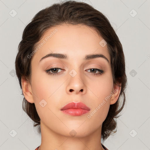 Neutral white young-adult female with medium  brown hair and brown eyes