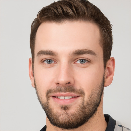 Neutral white young-adult male with short  brown hair and grey eyes