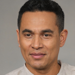 Joyful latino adult male with short  black hair and brown eyes