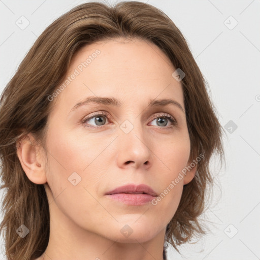 Neutral white young-adult female with long  brown hair and green eyes