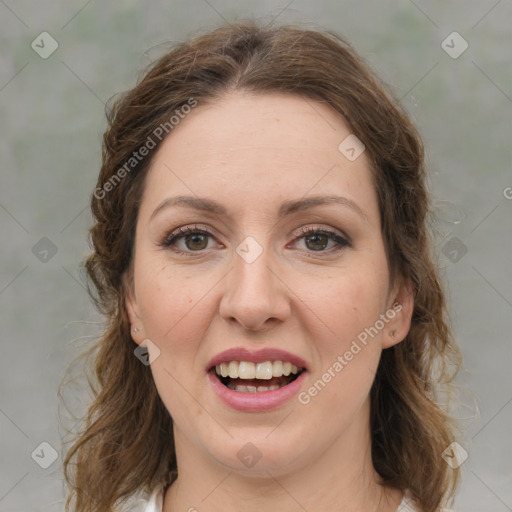 Joyful white young-adult female with medium  brown hair and green eyes