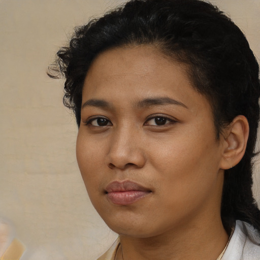 Neutral asian young-adult female with short  black hair and brown eyes