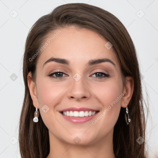 Joyful white young-adult female with long  brown hair and grey eyes