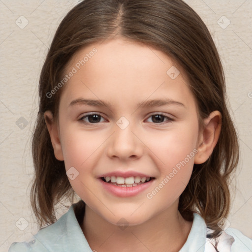 Joyful white child female with medium  brown hair and brown eyes