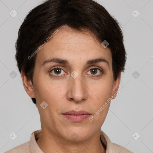 Neutral white adult female with short  brown hair and brown eyes