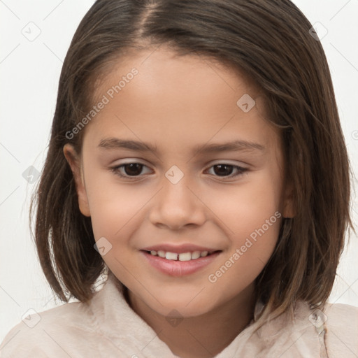 Joyful white child female with medium  brown hair and brown eyes