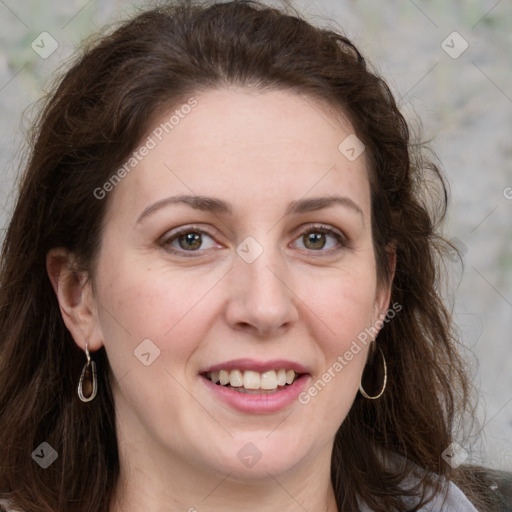 Joyful white young-adult female with medium  brown hair and green eyes