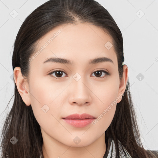 Neutral white young-adult female with long  brown hair and brown eyes