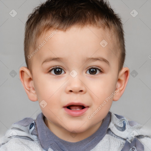 Joyful white child male with short  brown hair and brown eyes