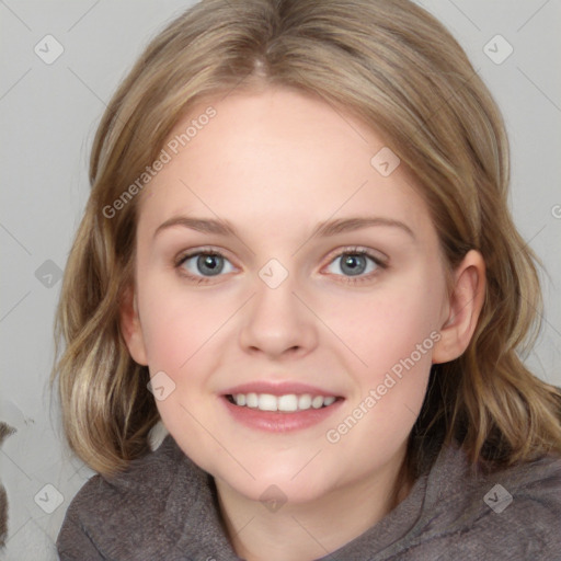 Joyful white young-adult female with medium  brown hair and blue eyes