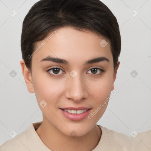 Joyful white young-adult female with short  brown hair and brown eyes