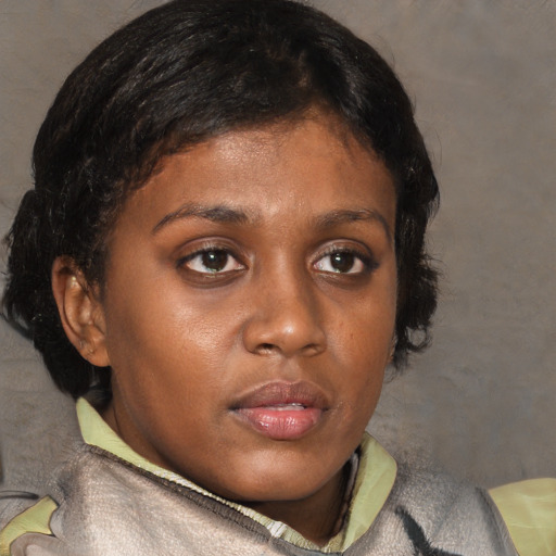 Neutral black young-adult female with short  brown hair and brown eyes