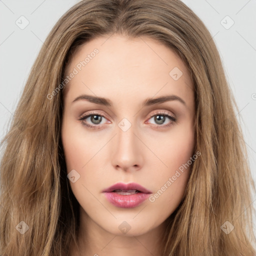 Neutral white young-adult female with long  brown hair and brown eyes