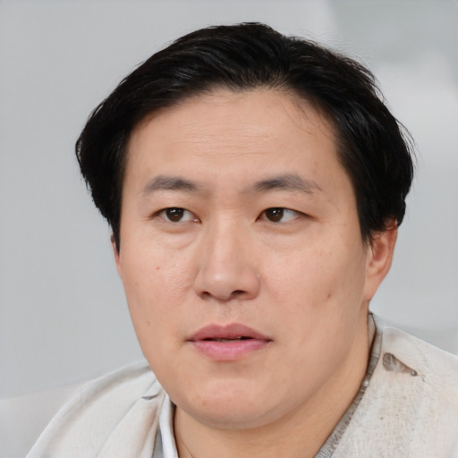 Neutral asian adult male with short  brown hair and brown eyes