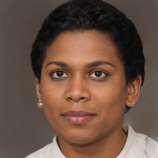 Neutral black young-adult female with short  brown hair and brown eyes