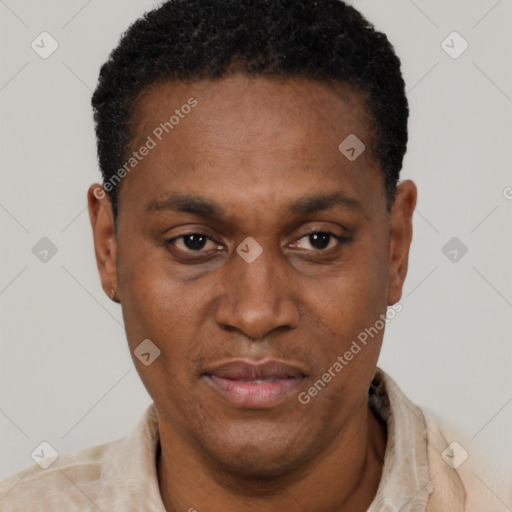 Neutral black adult male with short  black hair and brown eyes