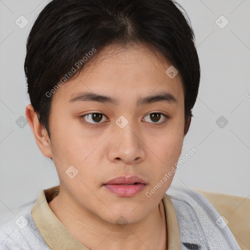 Neutral white young-adult female with short  brown hair and brown eyes