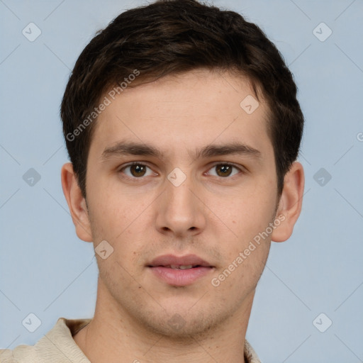 Neutral white young-adult male with short  brown hair and brown eyes