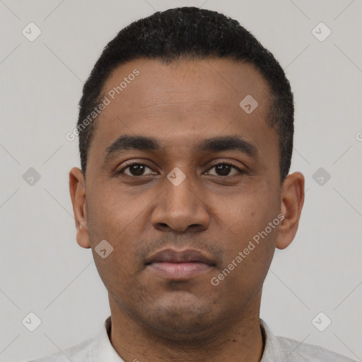 Neutral latino young-adult male with short  black hair and brown eyes
