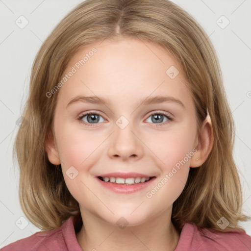 Joyful white child female with medium  brown hair and blue eyes