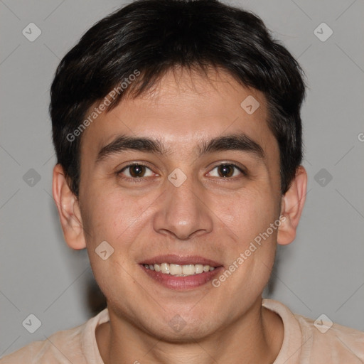 Joyful white young-adult male with short  brown hair and brown eyes