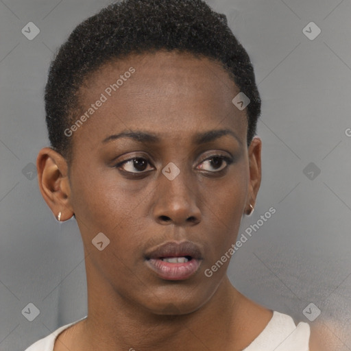 Neutral black young-adult female with short  brown hair and brown eyes