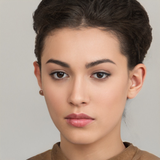 Neutral white young-adult female with short  brown hair and brown eyes