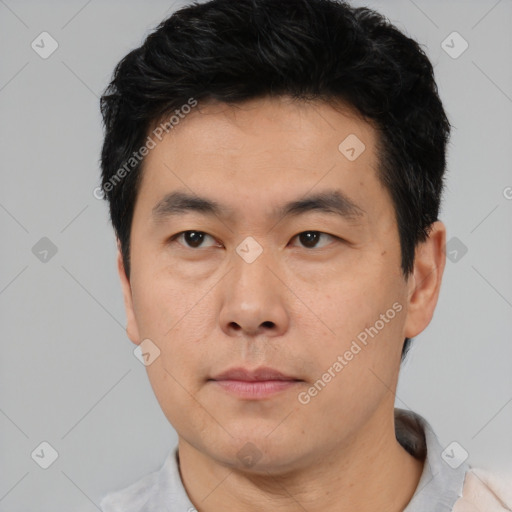 Neutral asian young-adult male with short  black hair and brown eyes