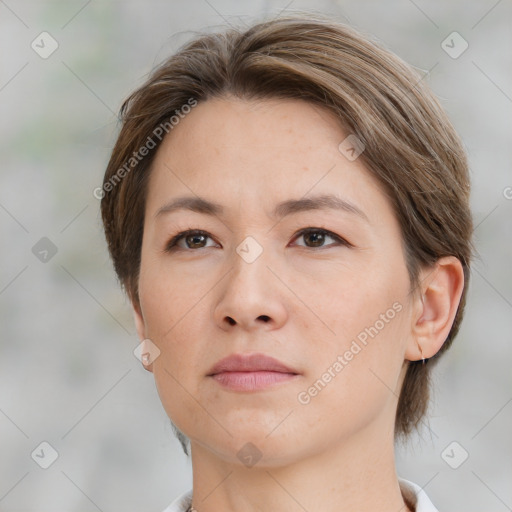 Neutral white adult female with medium  brown hair and brown eyes