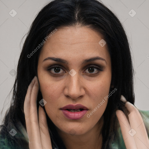 Joyful white young-adult female with long  brown hair and brown eyes