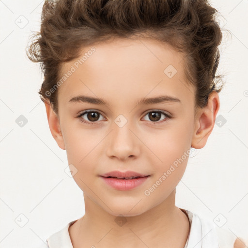 Joyful white child female with short  brown hair and brown eyes