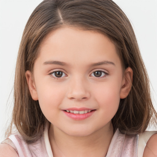 Joyful white child female with medium  brown hair and brown eyes