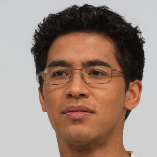 Neutral asian adult male with short  brown hair and brown eyes