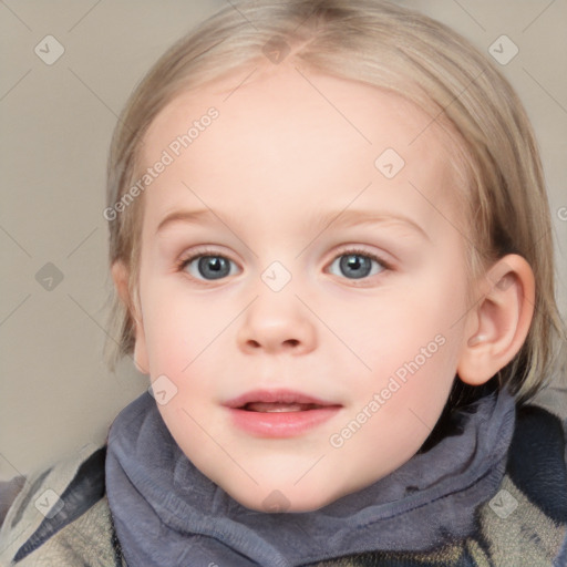 Joyful white child female with medium  brown hair and blue eyes