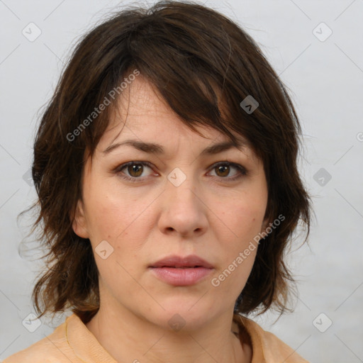 Neutral white young-adult female with medium  brown hair and brown eyes